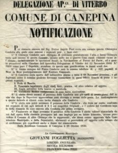 Il manifesto del 1850 donato da Giulio Donatel all'Accademia Arte e Storia Canepina. 